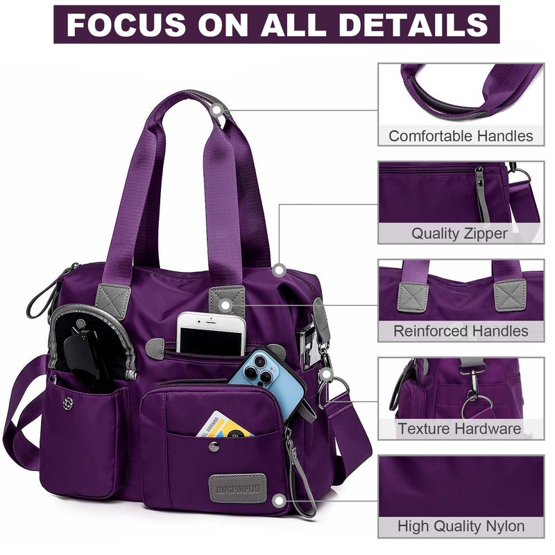 YouNuo Women Nylon Tote with Multiple Pockets & Zipper, Work Nursing Bag, Large Shoulder Handbag, Waterproof Galaxy Cross body Purse for Travel (Pure Purple) - Image 3